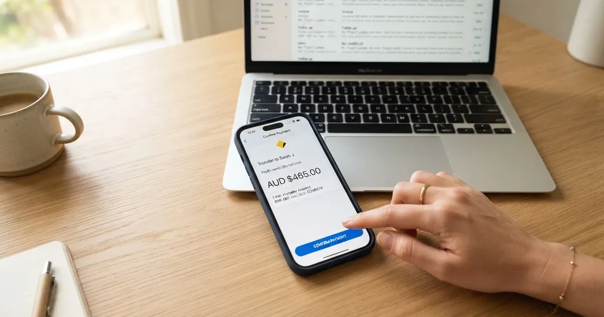 Close-up of a smartphone banking app open beside a laptop on a home desk, mid-transfer.