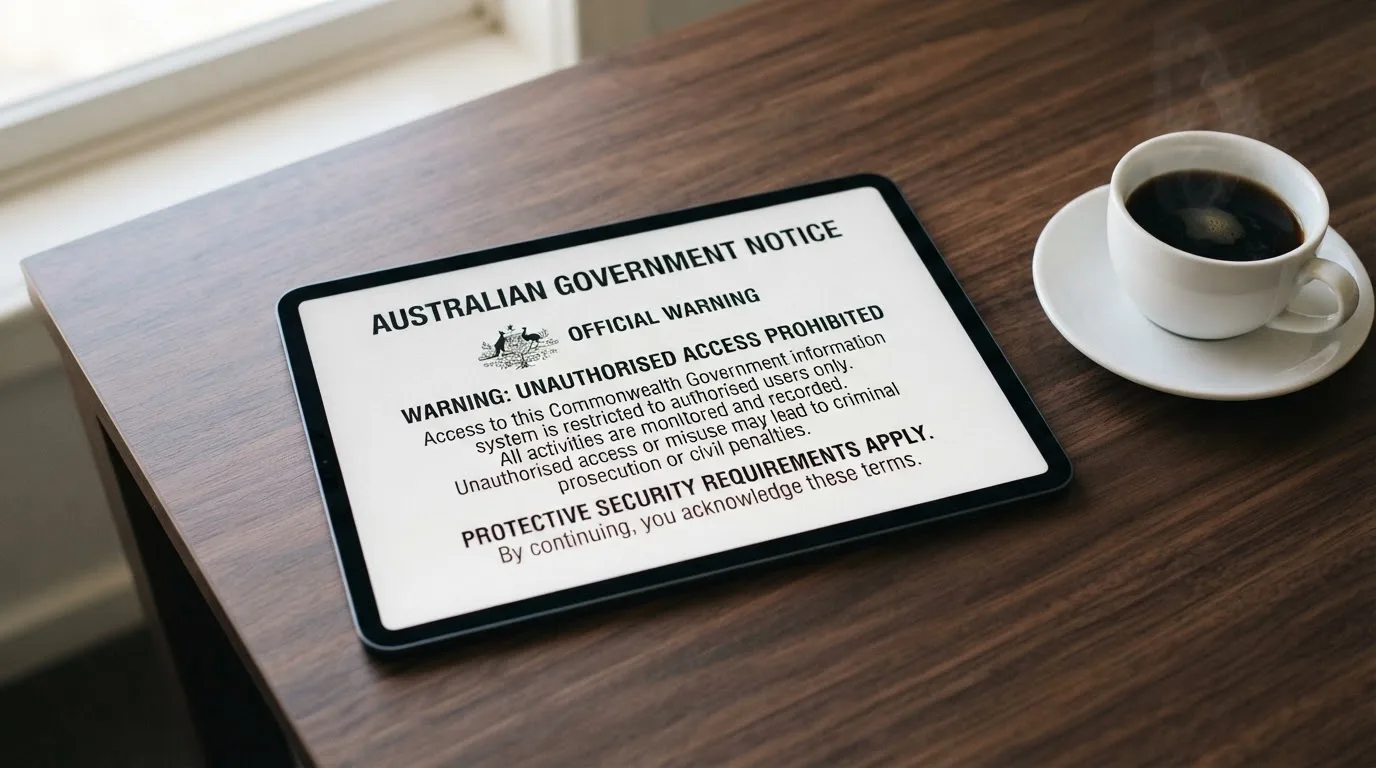A tablet on a desk displays a plain government-style warning notice page, with a coffee cup beside it.