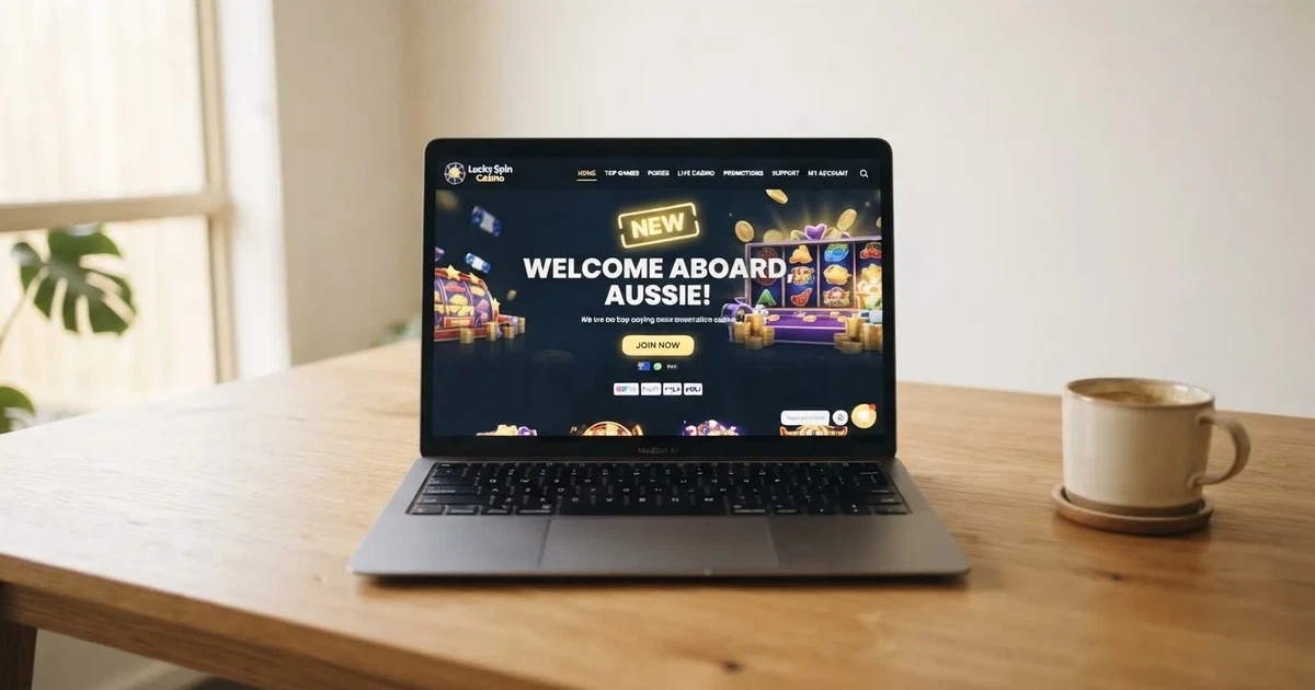 A laptop screen shows a freshly loading website homepage with a 'new' banner, on a plain desk.