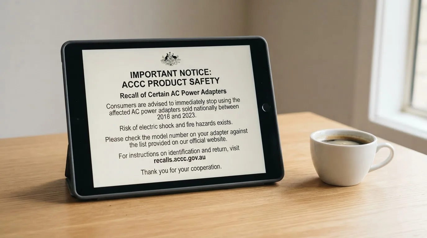 A tablet on a desk displays a plain government-style warning notice page, with a coffee cup beside it.
