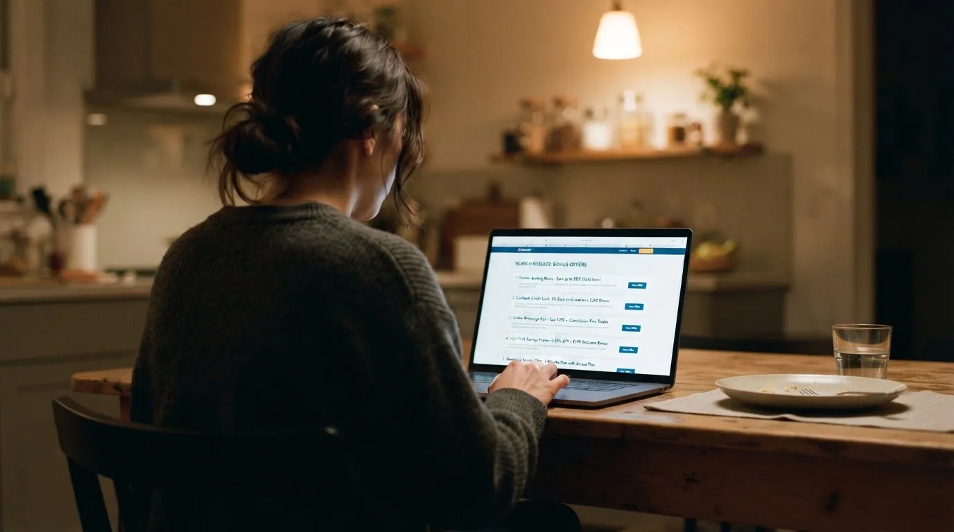 A person sits at a kitchen table in the evening, scrolling a laptop showing a general search results page about bonus offers.