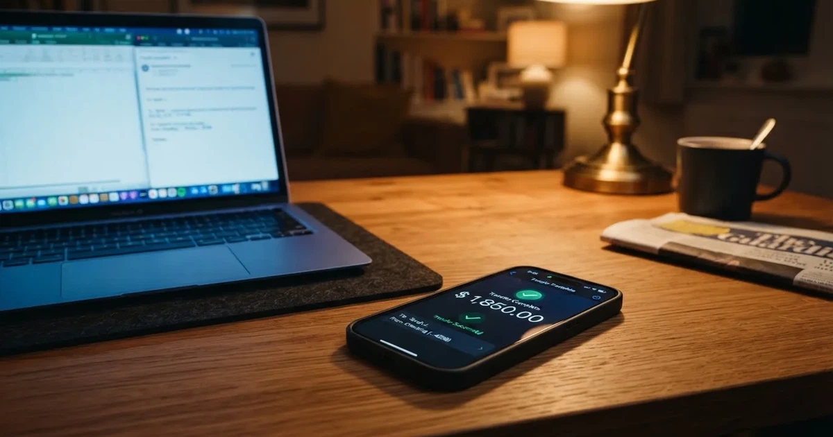 Close-up of a smartphone banking app open beside a laptop on a home desk, mid-transfer.