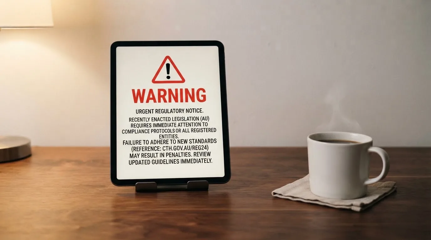A tablet on a desk displays a plain government-style warning notice page, with a coffee cup beside it.