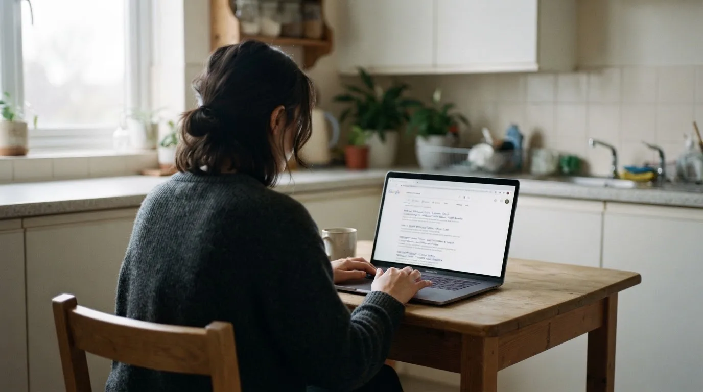 A person sits at a kitchen table, scrolling a laptop showing a general search results page about withdrawal claims.