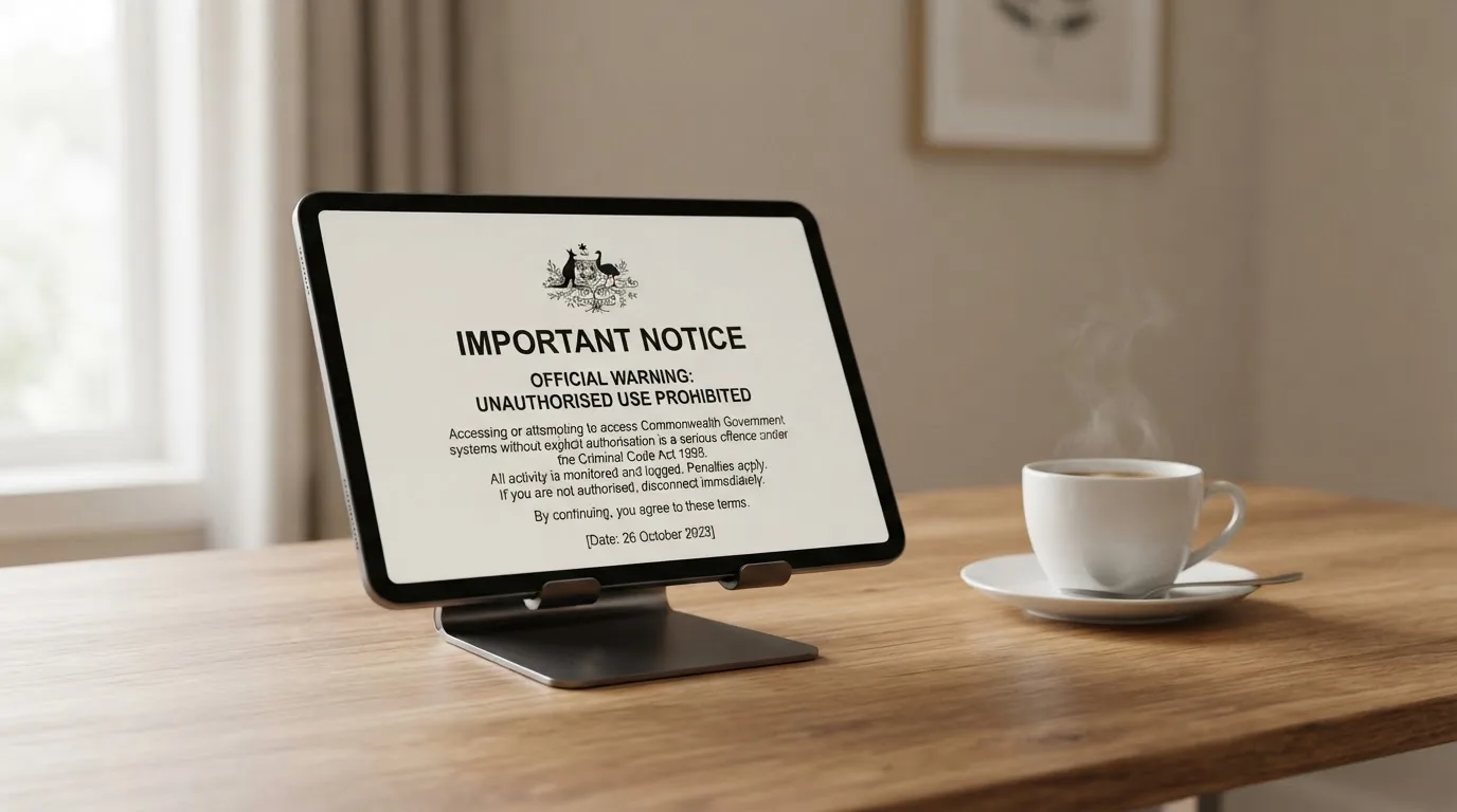 A tablet on a desk displays a plain government-style warning notice page, with a coffee cup beside it.