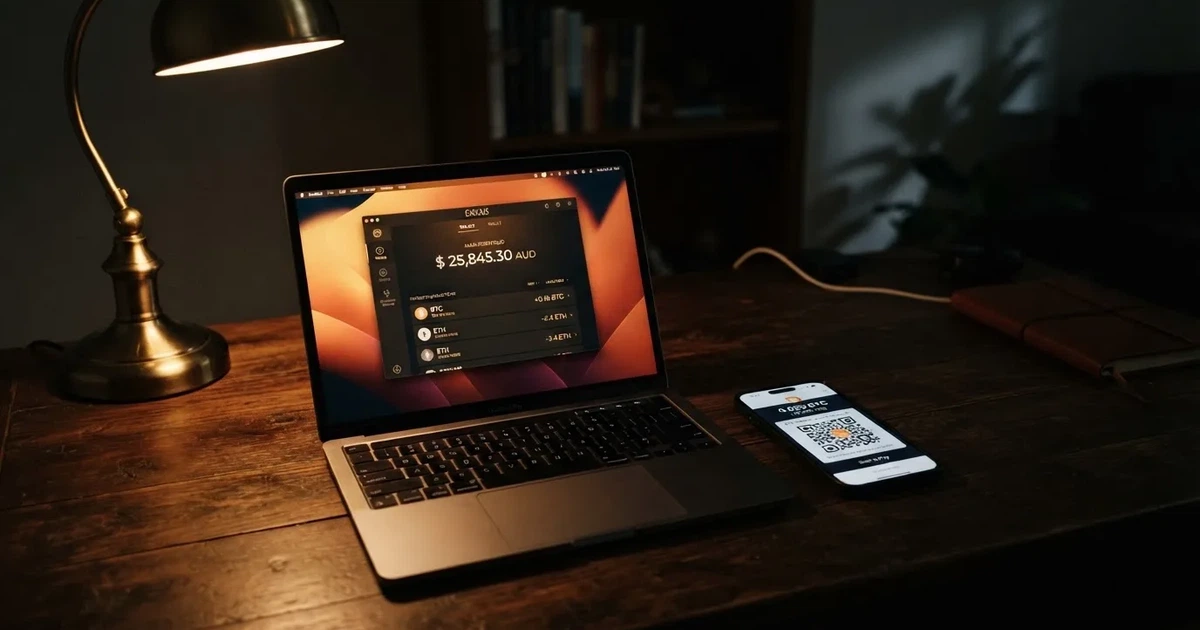 A laptop screen shows a cryptocurrency wallet balance next to a phone displaying a QR code, on a desk at night.
