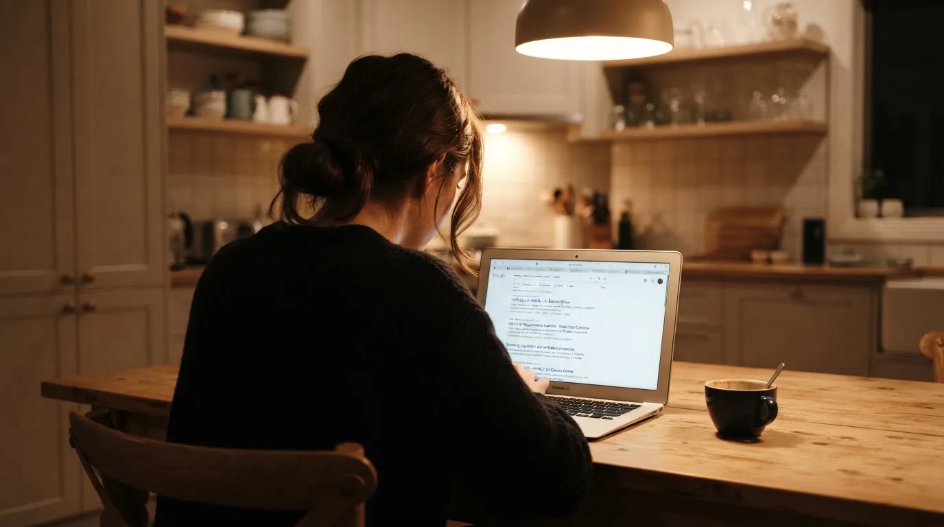 A person sits at a kitchen table, scrolling a laptop showing a general search results page about identity checks at casinos.