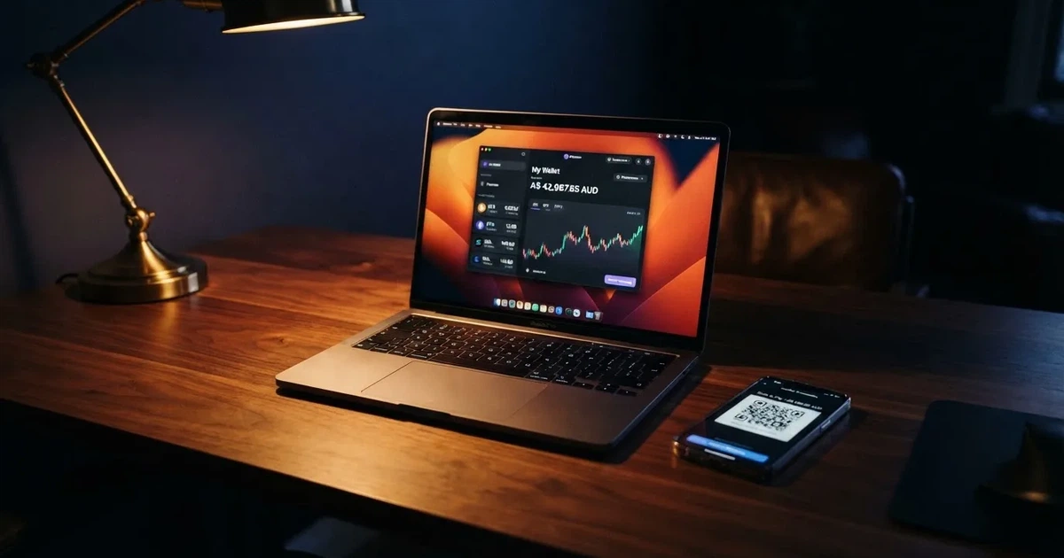 A laptop screen shows a cryptocurrency wallet balance next to a phone displaying a QR code, on a desk at night.