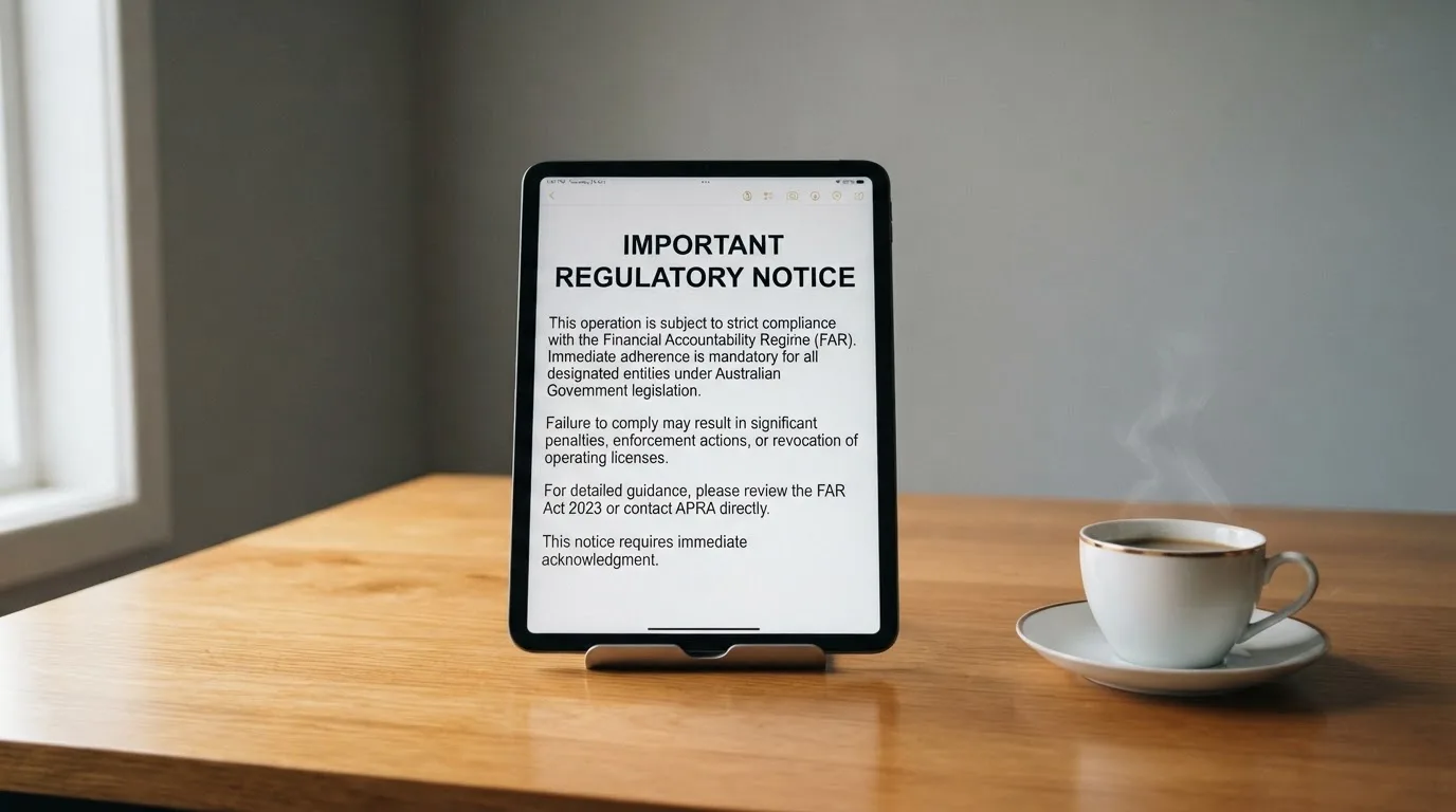 A tablet on a desk displays a plain government-style warning notice page, with a coffee cup beside it.