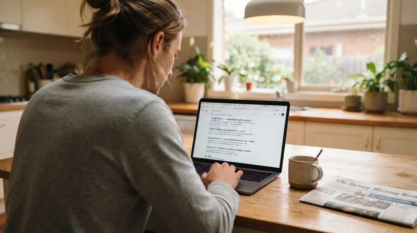 A person sits at a kitchen table, scrolling a laptop showing a general search results page about deposit limits.