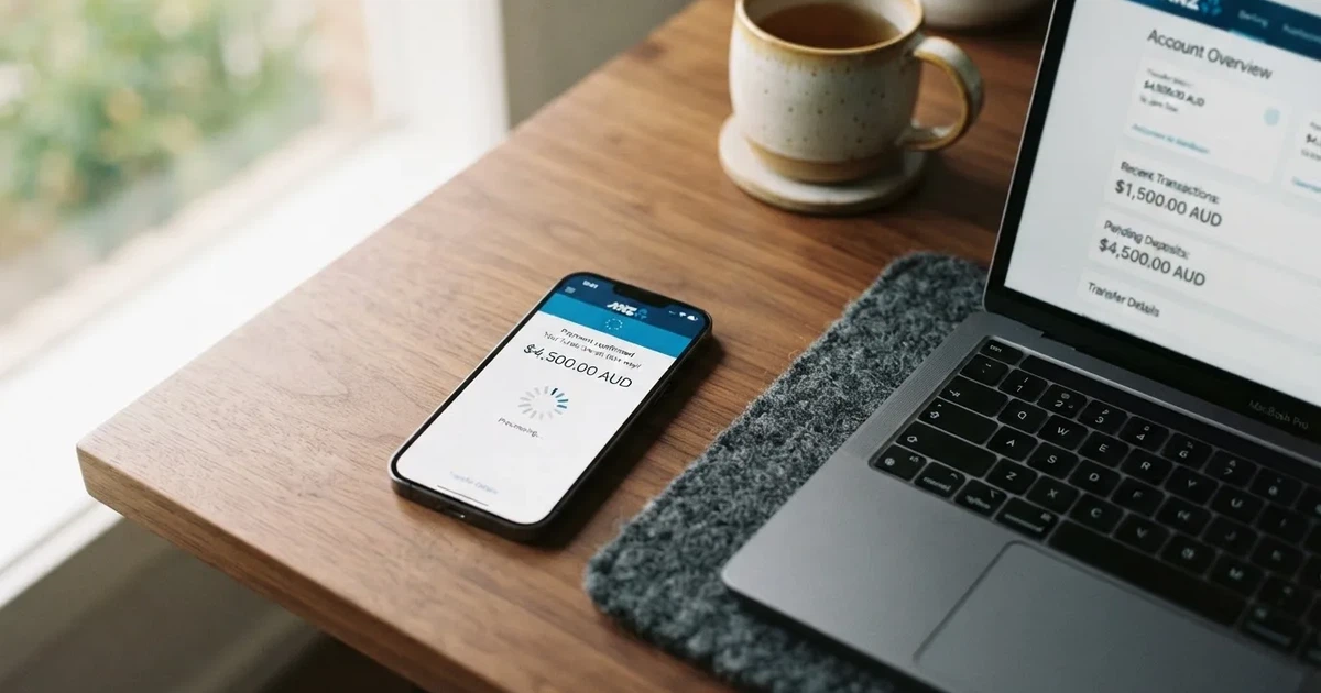 Close-up of a smartphone banking app open beside a laptop on a home desk, mid-transfer.
