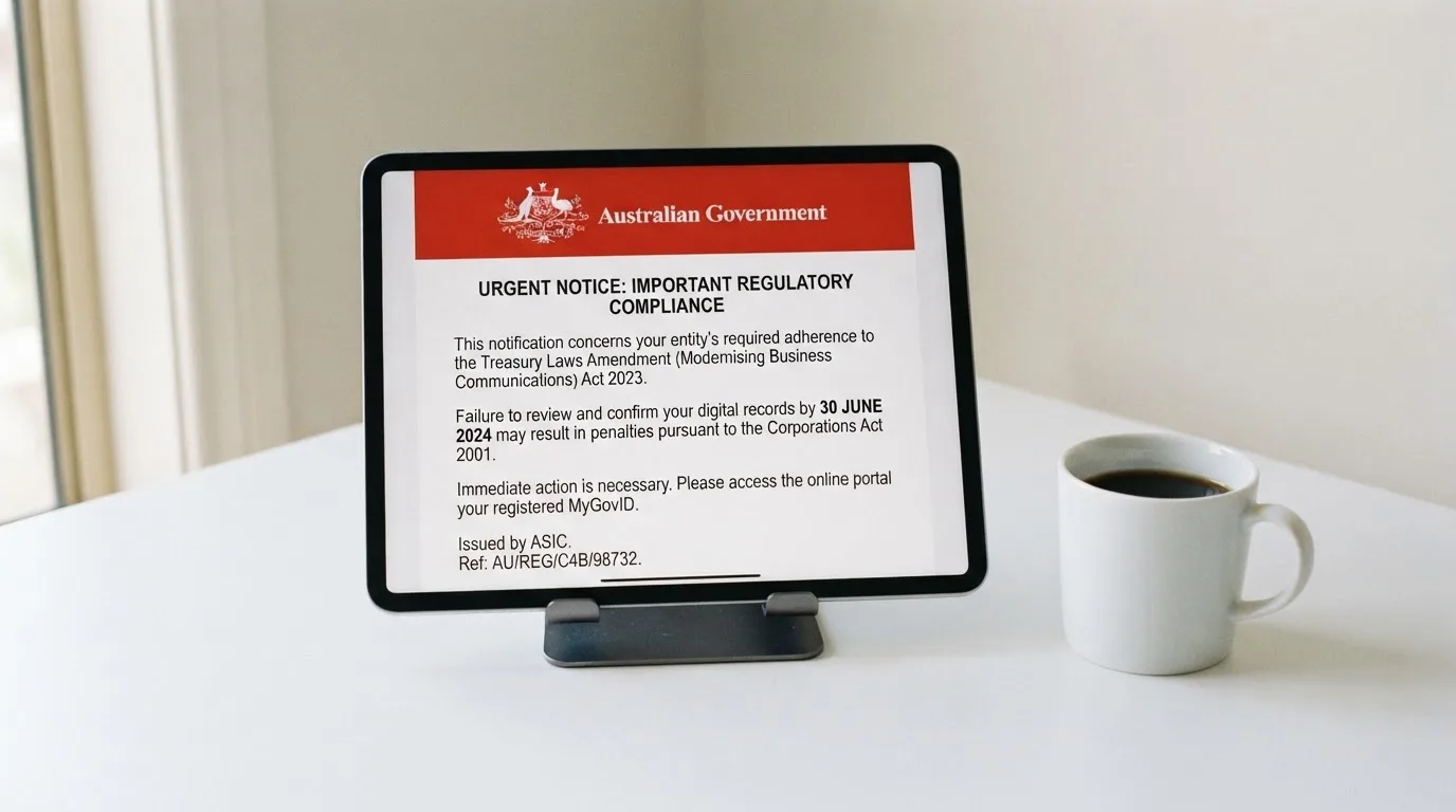 A tablet on a desk displays a plain government-style warning notice page, with a coffee cup beside it.
