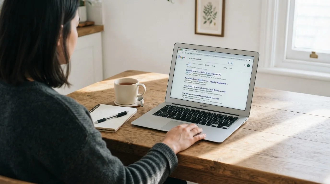 A person sits at a kitchen table, scrolling a laptop showing a general search results page about bonus terms.