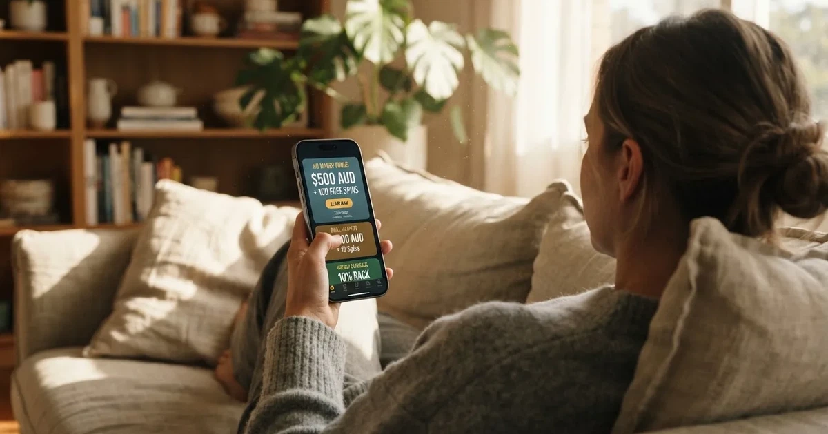A phone screen shows a list of promotional bonus tiles as someone scrolls with one thumb on a couch.