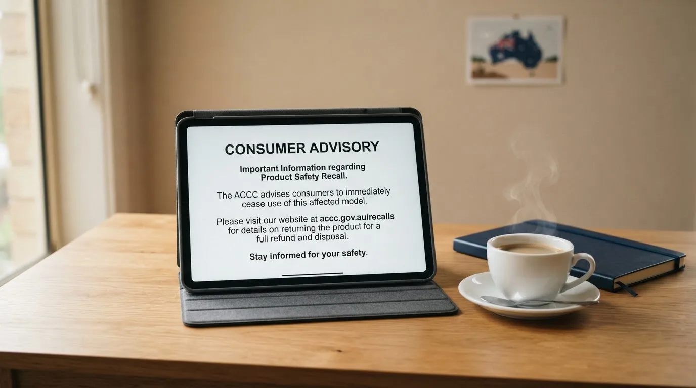 A tablet on a desk displays a plain government-style warning notice page, with a coffee cup beside it.