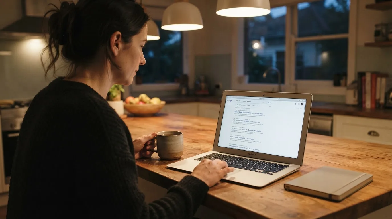 A person sits at a kitchen table in the evening, scrolling a laptop showing a general search results page about bonus offers.