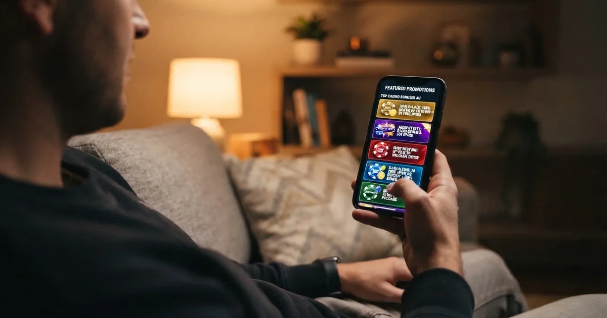 A phone screen shows a list of promotional bonus tiles as someone scrolls with one thumb on a couch.