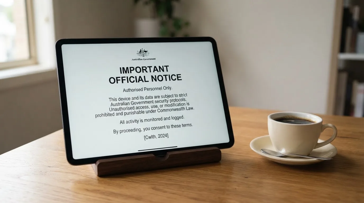 A tablet on a desk displays a plain government-style warning notice page, with a coffee cup beside it.