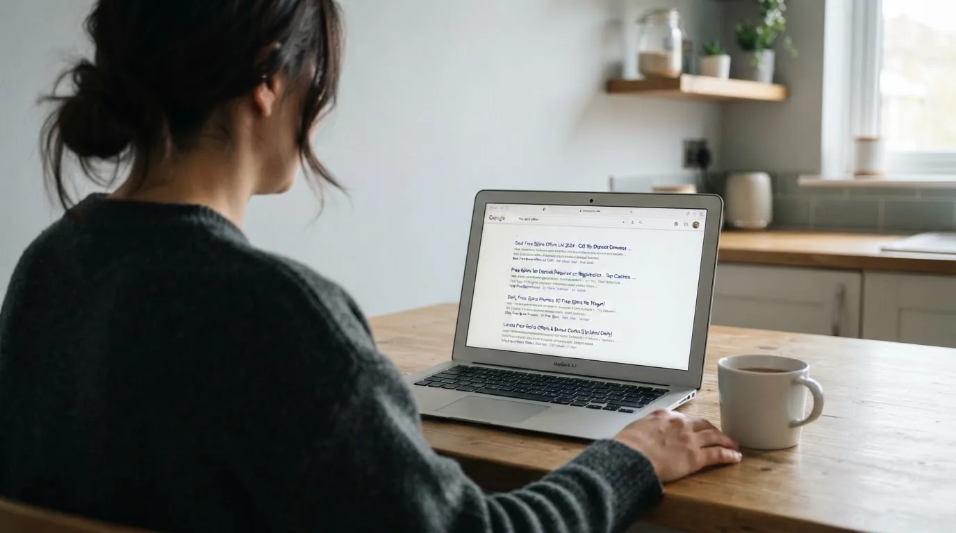 A person sits at a kitchen table, scrolling a laptop showing a general search results page about free spins offers.