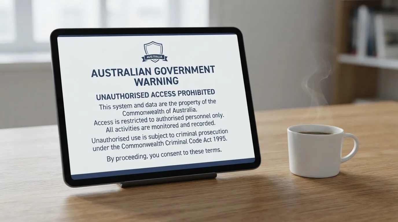 A tablet on a desk displays a plain government-style warning notice page, with a coffee cup beside it.