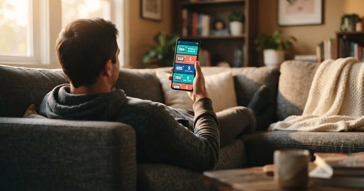 A phone screen shows a list of promotional bonus tiles as someone scrolls with one thumb on a couch.
