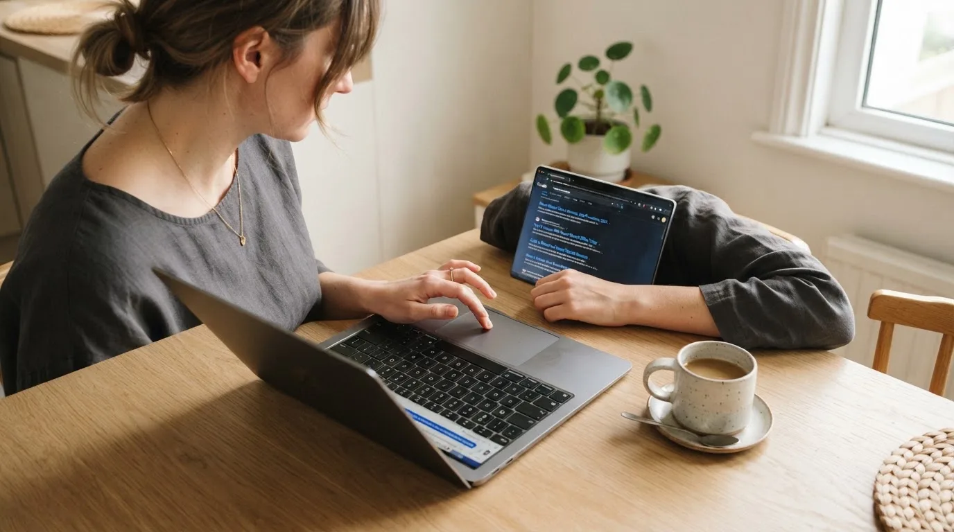 A person sits at a kitchen table, scrolling a laptop showing a general search results page about repeat-deposit offers.