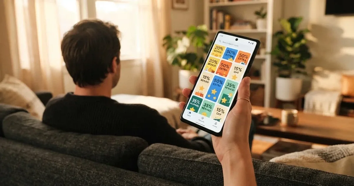 A phone screen shows a list of promotional bonus tiles as someone scrolls with one thumb on a couch.
