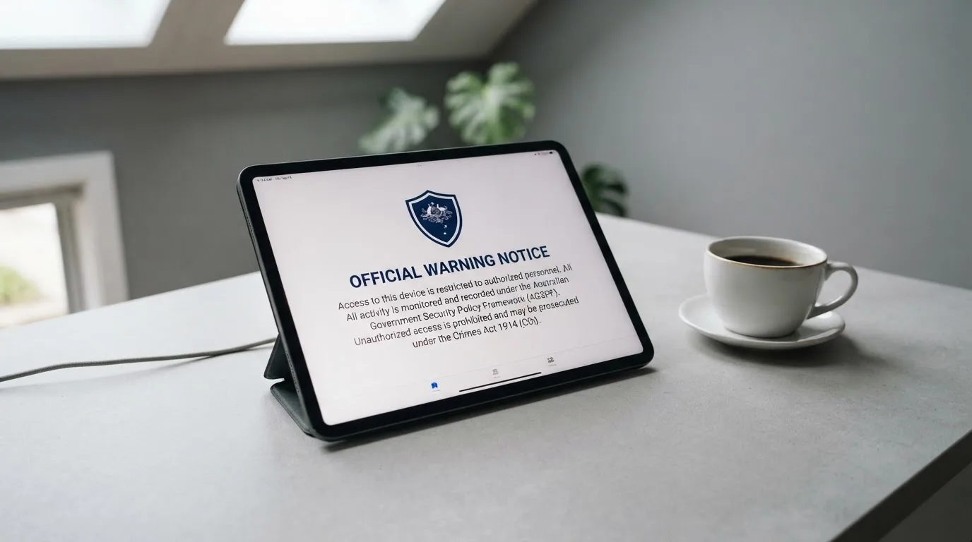 A tablet on a desk displays a plain government-style warning notice page, with a coffee cup beside it.