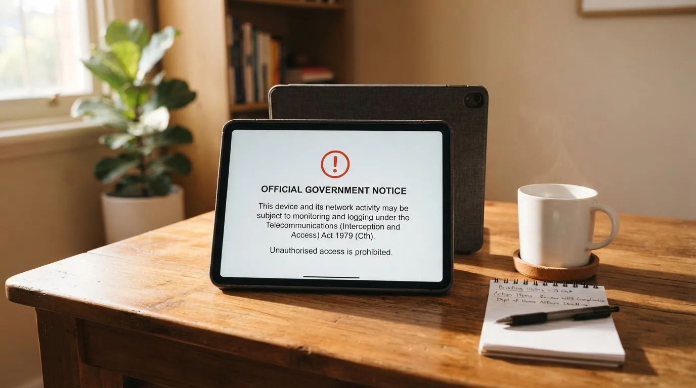 A tablet on a desk displays a plain government-style warning notice page, with a coffee cup beside it.