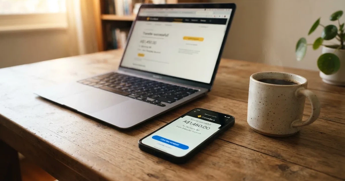 Close-up of a smartphone banking app open beside a laptop on a home desk, mid-transfer.