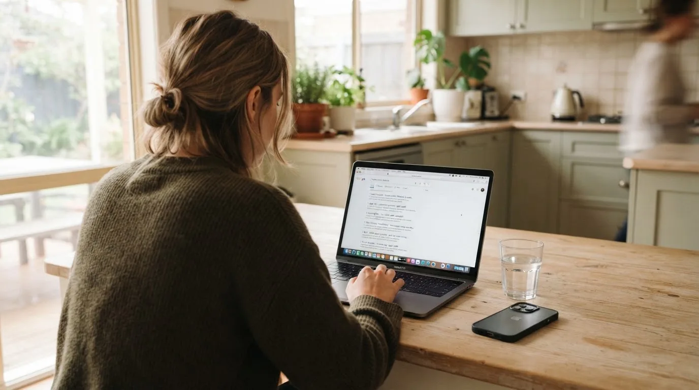 A person sits at a kitchen table, scrolling a laptop showing a general search results page about e-wallet options.