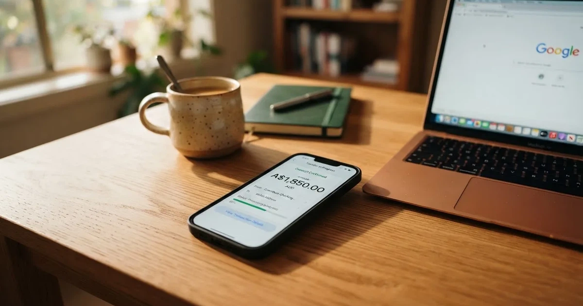 Close-up of a smartphone banking app open beside a laptop on a home desk, mid-transfer.