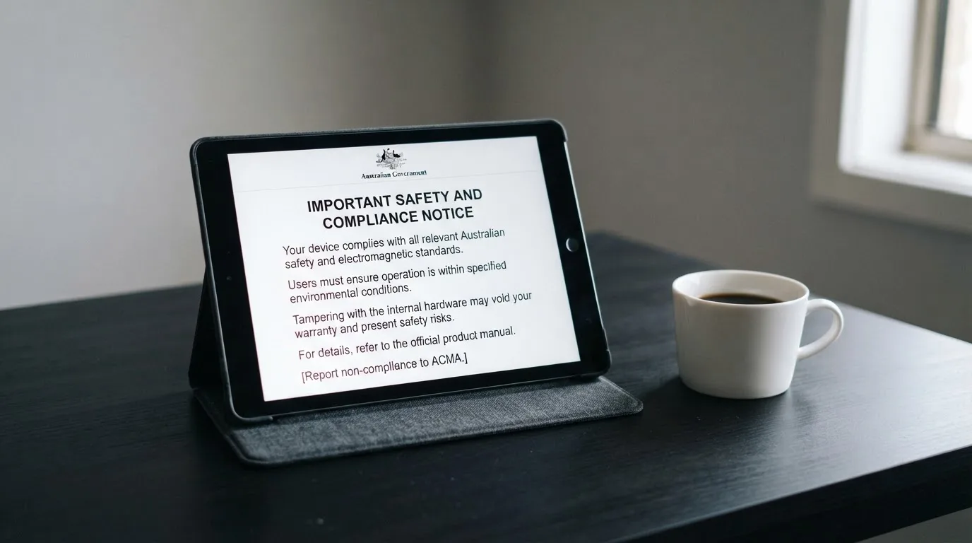 A tablet on a desk displays a plain government-style warning notice page, with a coffee cup beside it.