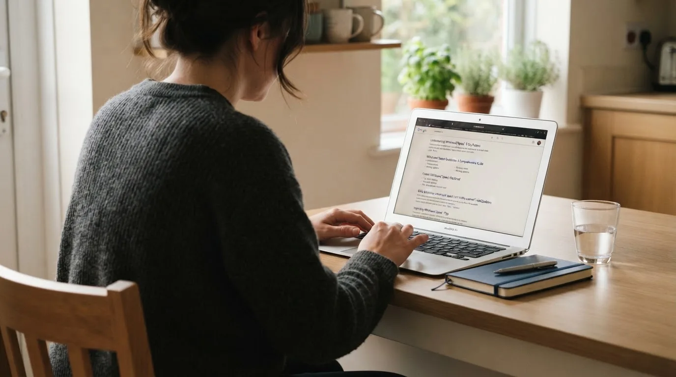 A person sits at a kitchen table, scrolling a laptop showing a general search results page about withdrawal speed.