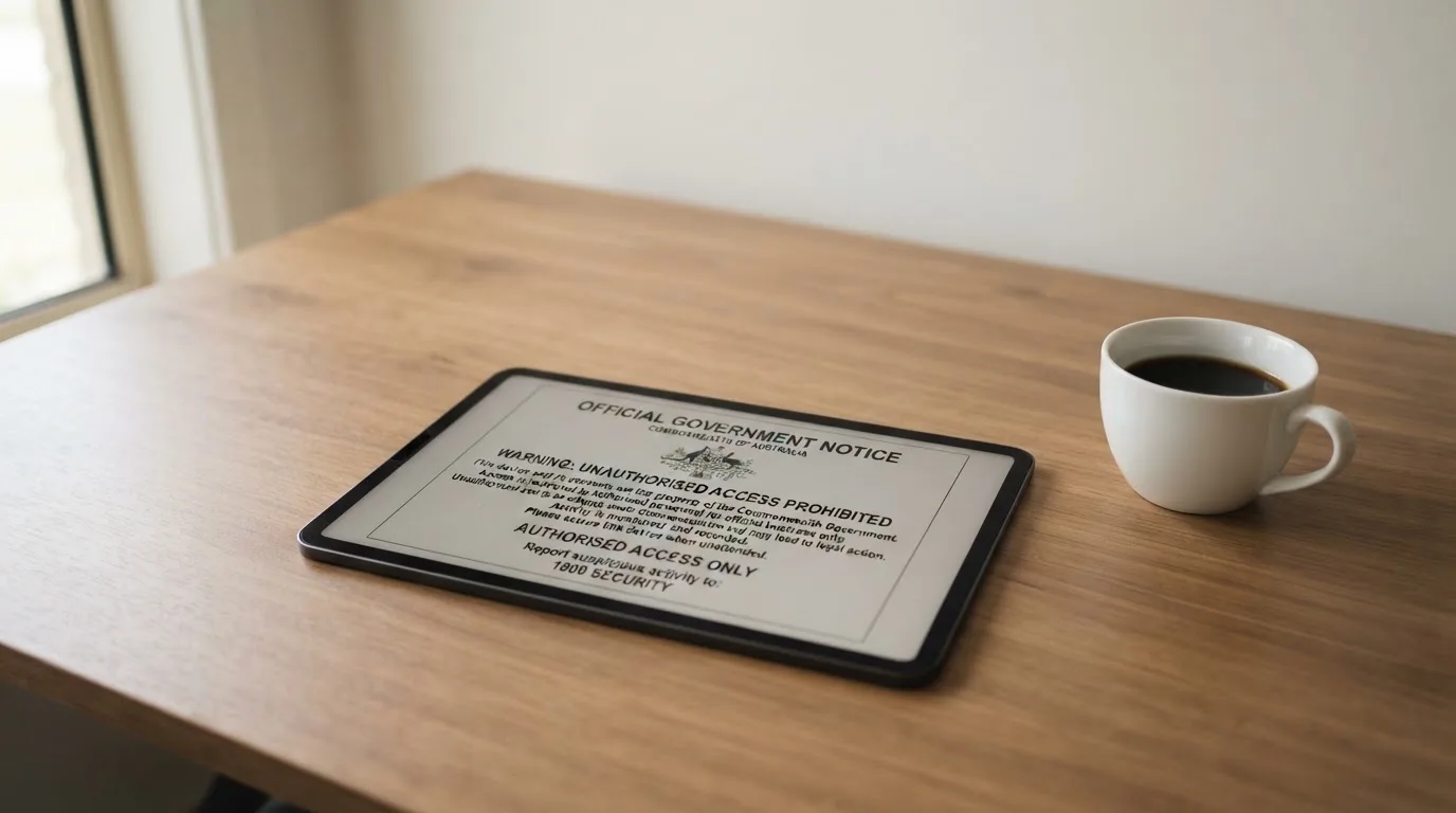A tablet on a desk displays a plain government-style warning notice page, with a coffee cup beside it.