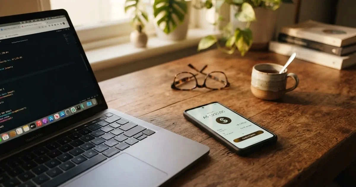 Close-up of a smartphone banking app open beside a laptop on a home desk, mid-transfer.