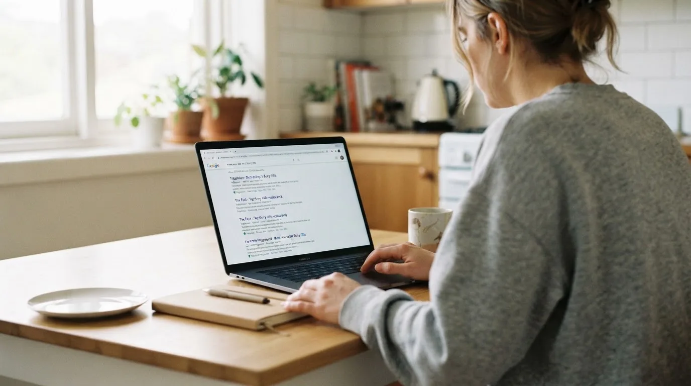A person sits at a kitchen table, scrolling a laptop showing a general search results page about pokies bonus offers.