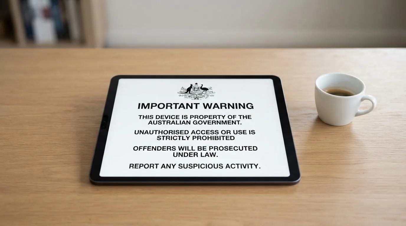 A tablet on a desk displays a plain government-style warning notice page, with a coffee cup beside it.