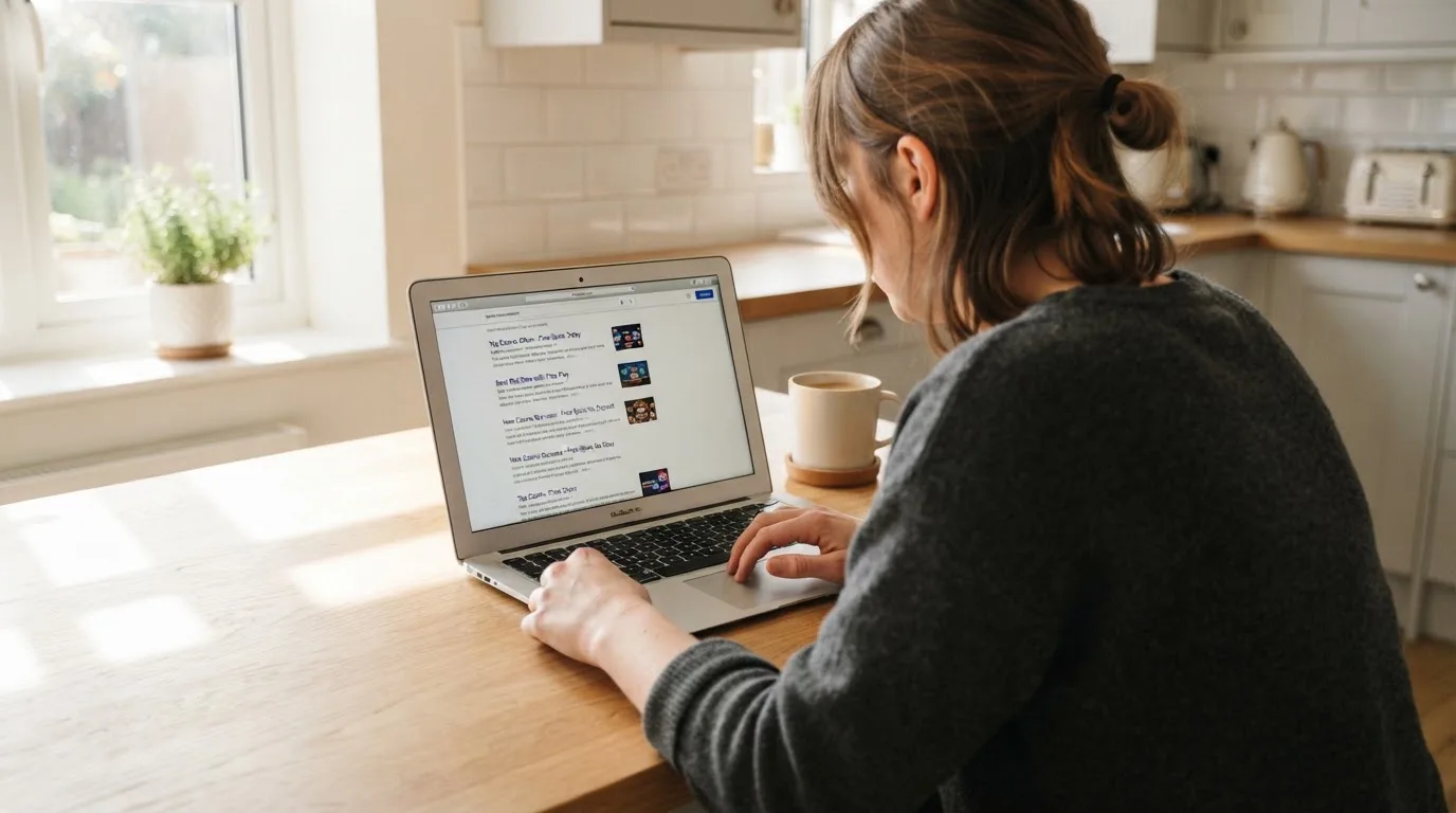 A person sits at a kitchen table, scrolling a laptop showing a general search results page about free spins offers.