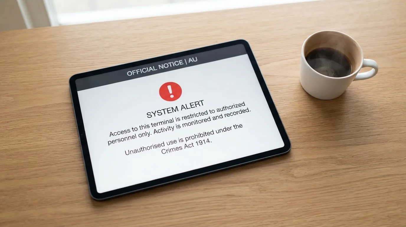 A tablet on a desk displays a plain government-style warning notice page, with a coffee cup beside it.