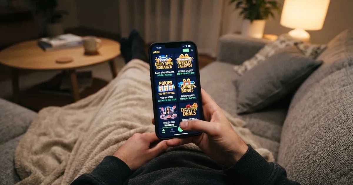 A phone screen shows a list of promotional bonus tiles as someone scrolls with one thumb on a couch.
