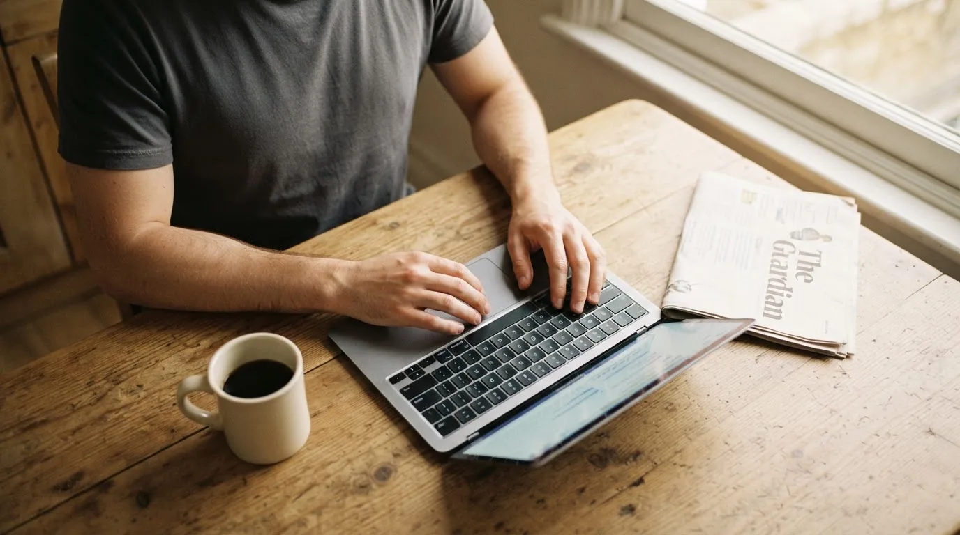 A person sits at a kitchen table, scrolling a laptop showing a general search results page about pokies deposit options.
