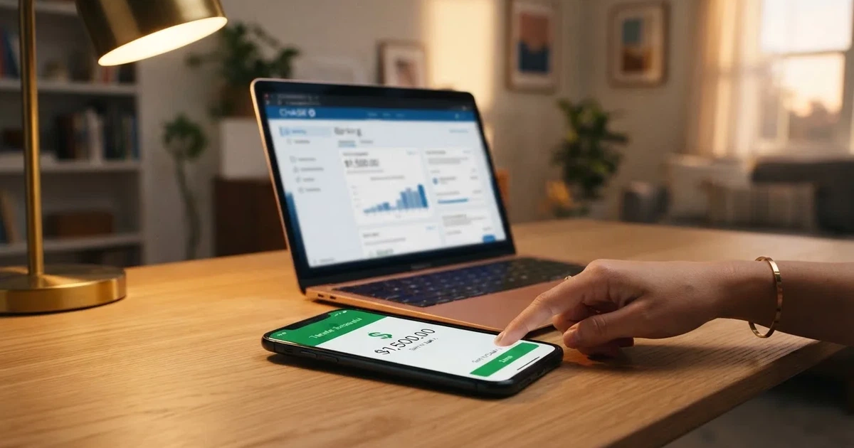 Close-up of a smartphone banking app open beside a laptop on a home desk, mid-transfer.