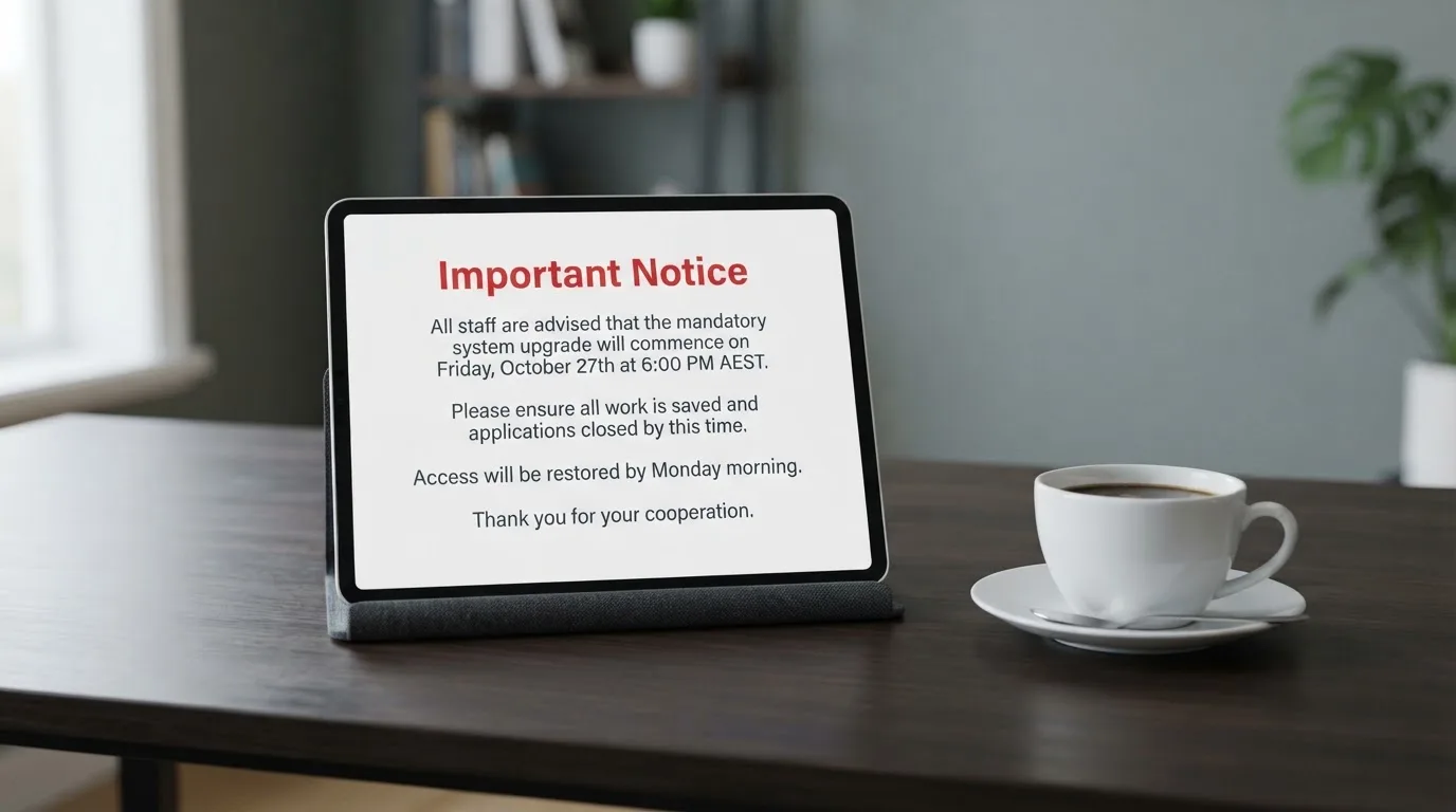 A tablet on a desk displays a plain government-style warning notice page, with a coffee cup beside it.