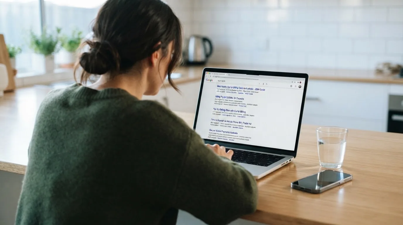 A person sits at a kitchen table, scrolling a laptop showing a general search results page about phone-bill deposits.