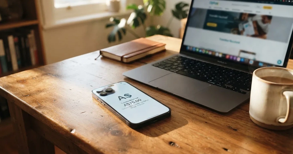 Close-up of a smartphone banking app open beside a laptop on a home desk, mid-transfer.
