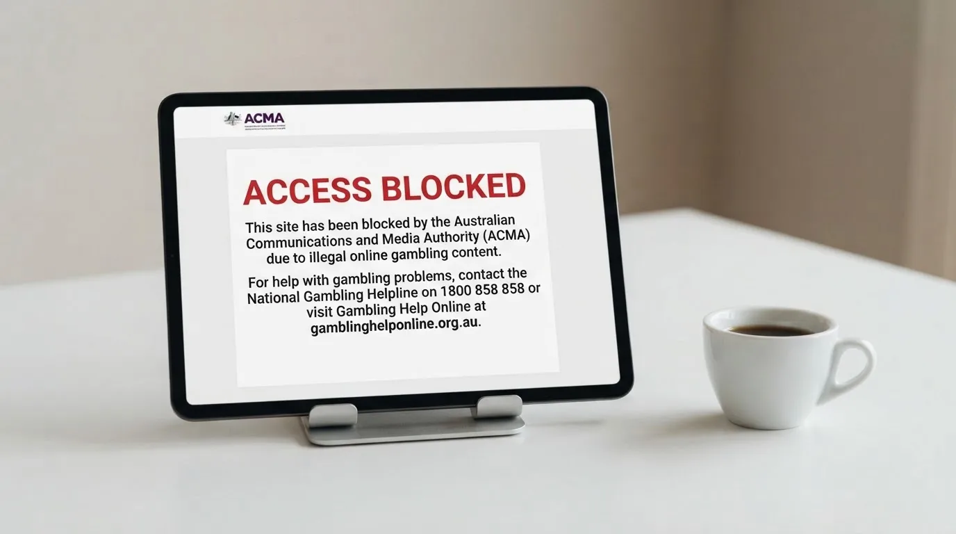 A tablet on a desk displays a plain government-style warning notice page, with a coffee cup beside it.
