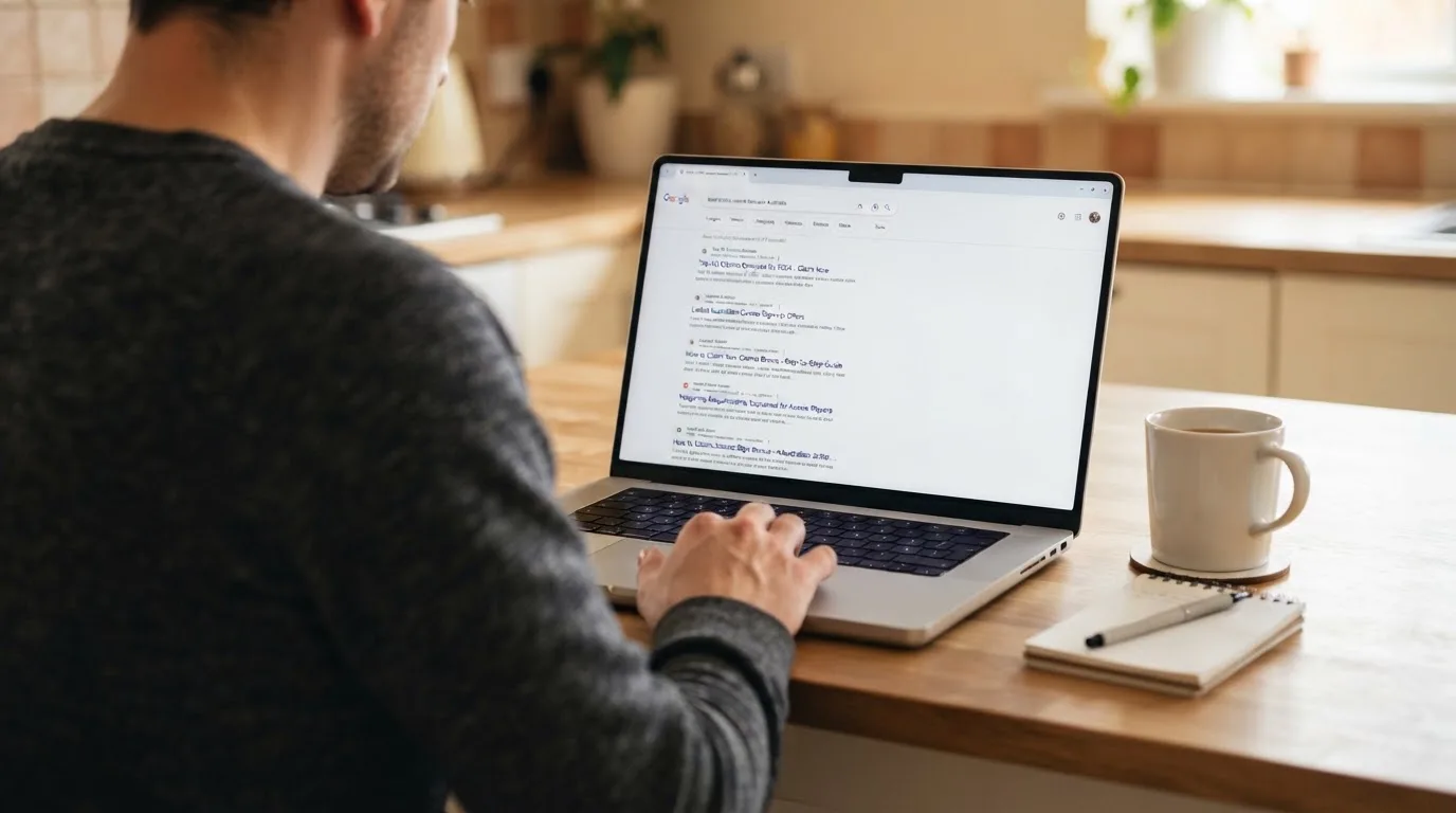 A person sits at a kitchen table, scrolling a laptop showing a general search results page about pokies bonus claims.