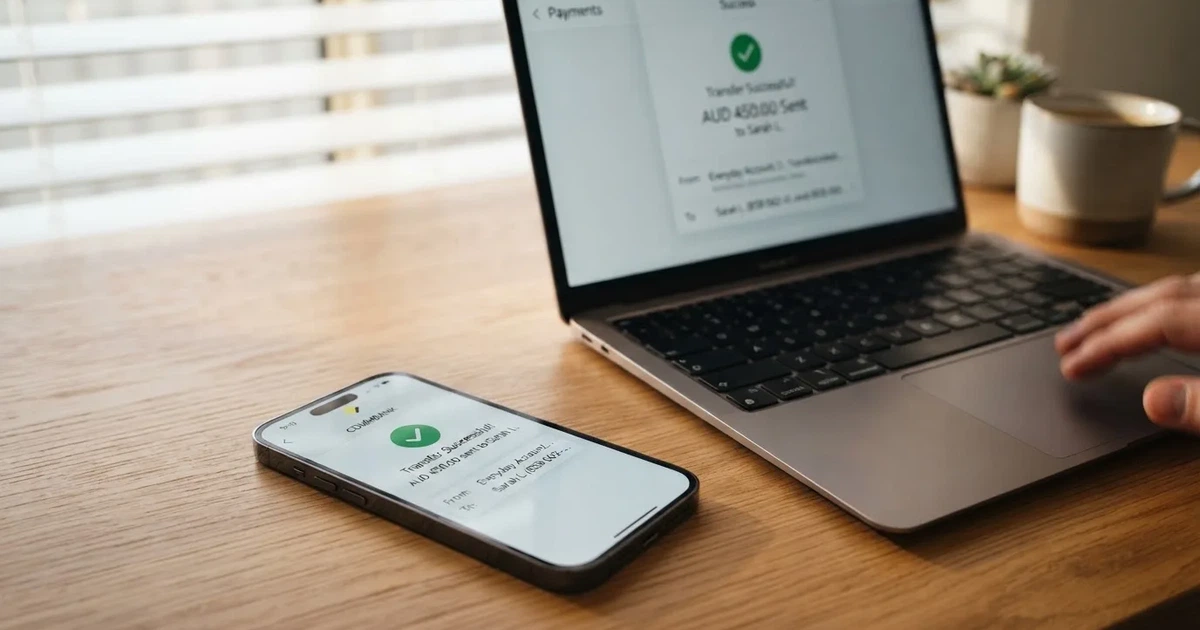 Close-up of a smartphone banking app open beside a laptop on a home desk, mid-transfer.