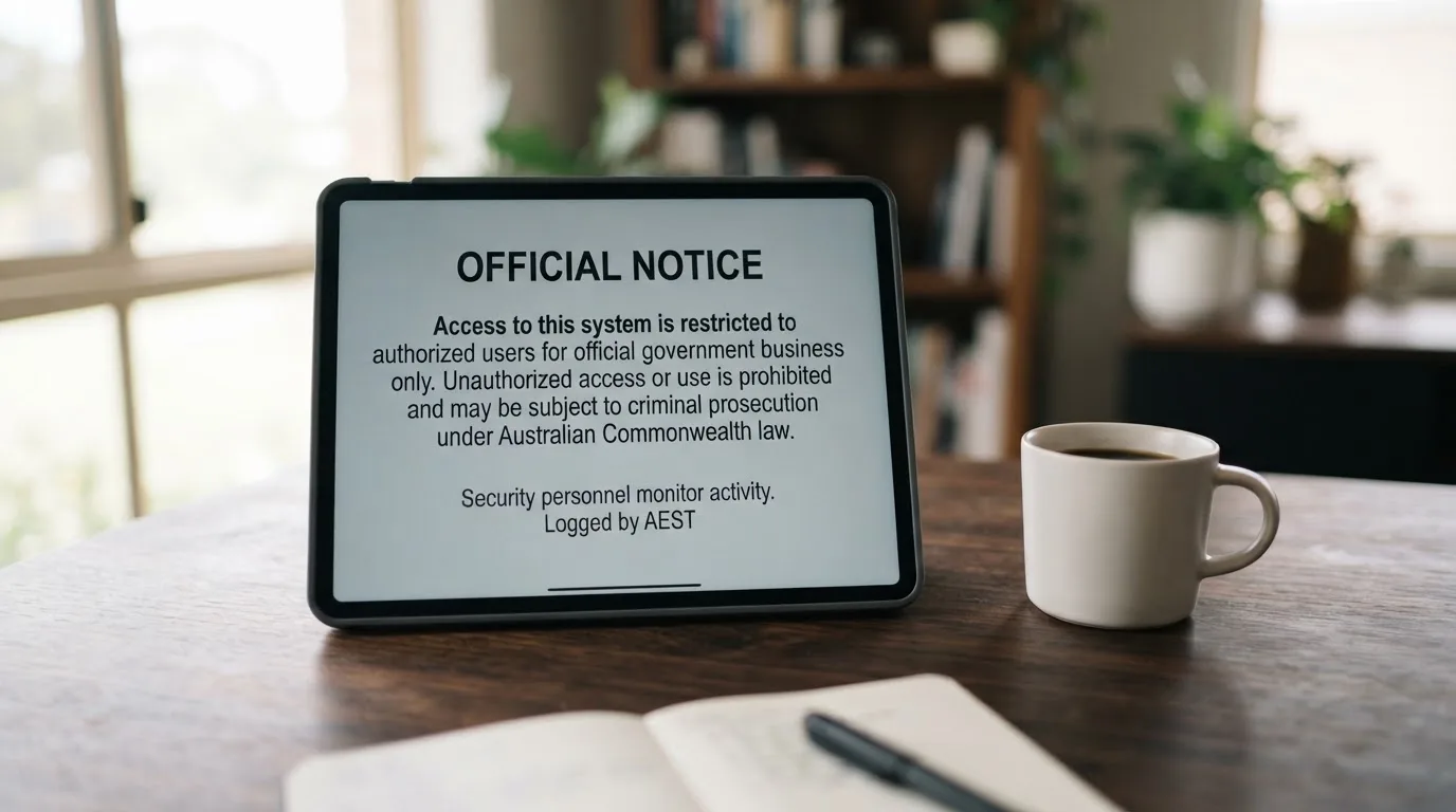 A tablet on a desk displays a plain government-style warning notice page, with a coffee cup beside it.